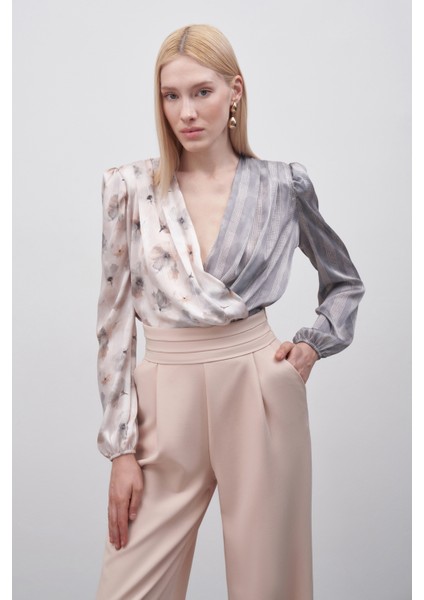 Çift Desenli Kruvaze Bodysuit Bluz - Gri