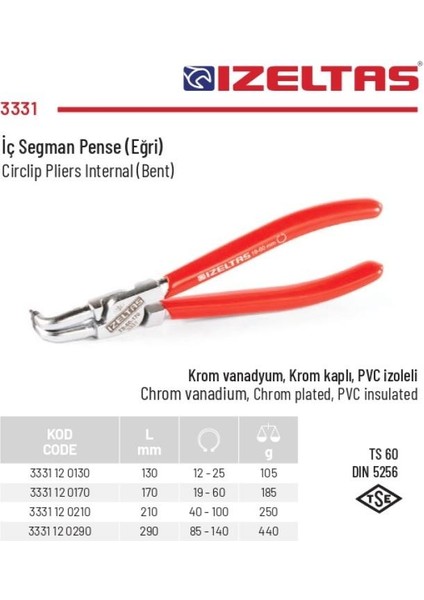 Izeltaş 19-60 mm Arası Eğri Iç Segman Pensesi 3331 12 0170