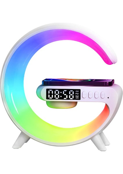 15W G Şekli LED Kablosuz Şarj Özellikli Hoparlör Renk Değiştirme Zamanlayıcı Çalar Saat Şarj Standı, Yatak Odası Için Başucu Masa Lambası ve Hoparlör