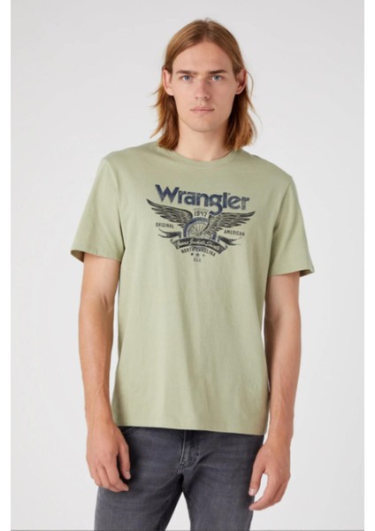 W70PEEG15 Yeşil Wrangler Baskılı Bisiklet Yaka Erkek T-Shirt