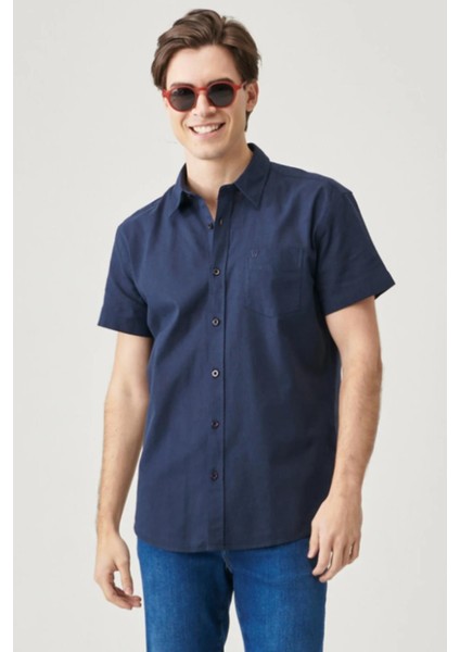 W5J7LO114 Lacivert Önü Cepli Kısa Kollu Erkek Gömlek