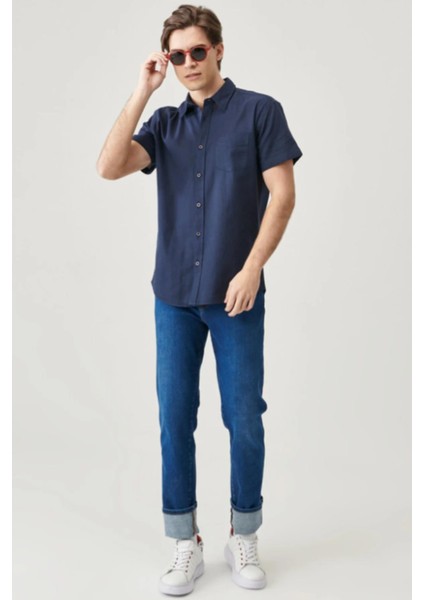 W5J7LO114 Lacivert Önü Cepli Kısa Kollu Erkek Gömlek fiyatları