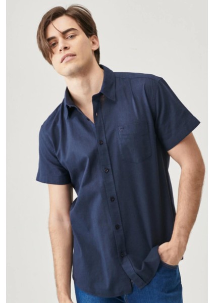 W5J7LO114 Lacivert Önü Cepli Kısa Kollu Erkek Gömlek fırsatları