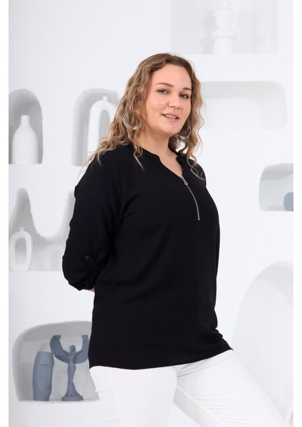 Hscstore Kadın Yaka Fermuar Detaylı Büyük Beden Siyah Bluz- O6326B