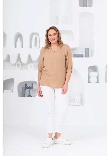 Hscstore Kadın Yaka Fermuar Detaylı Büyük Beden Vizon Bluz - O6326