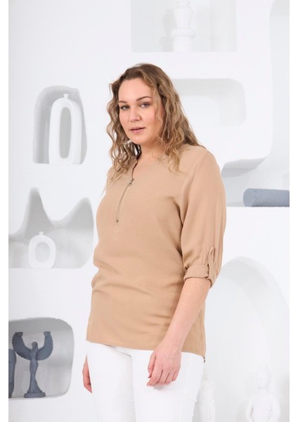Hscstore Kadın Yaka Fermuar Detaylı Büyük Beden Vizon Bluz - O6326 modelleri