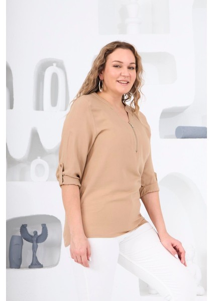 Hscstore Kadın Yaka Fermuar Detaylı Büyük Beden Vizon Bluz - O6326 fırsatları