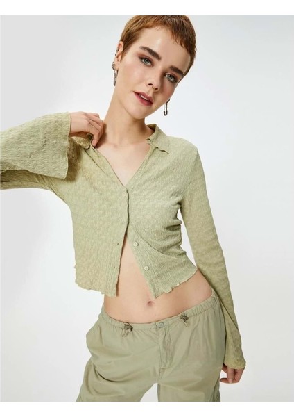 Uzun Çan Kol Gömlek Dokulu Slim Fit - Koton - 4SAL10133IK - Yeşil - Xl
