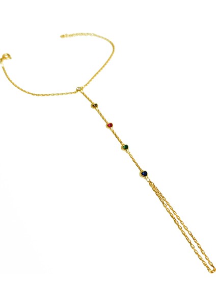 Renkli Taşlı Kalpli Gümüş Şahmeran Bileklik - Gold Renk
