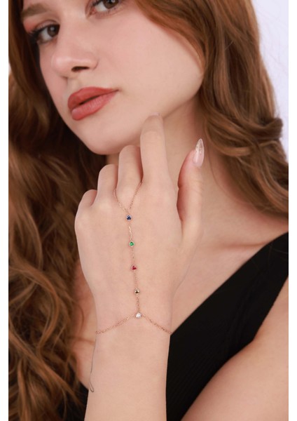 Renkli Taşlı Kalpli Gümüş Şahmeran Bileklik - Gold Renk fırsatları