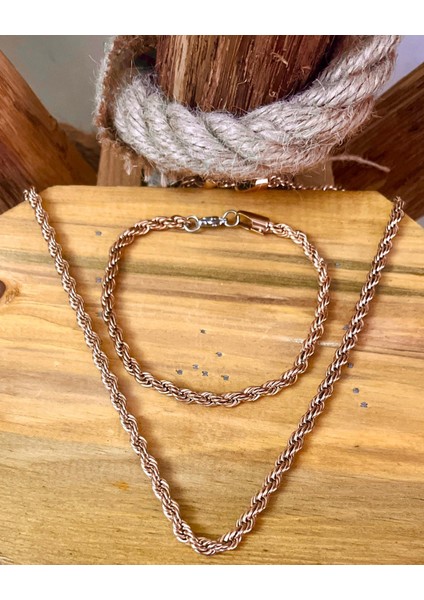 Unisex Rosegold Kalın (3mm) Burgu Çelik Kolye ve Bileklik Set fiyatları