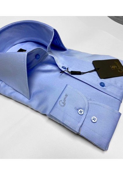 Slimfit Koyu Mavi Saten Polat Yaka Gömlek
