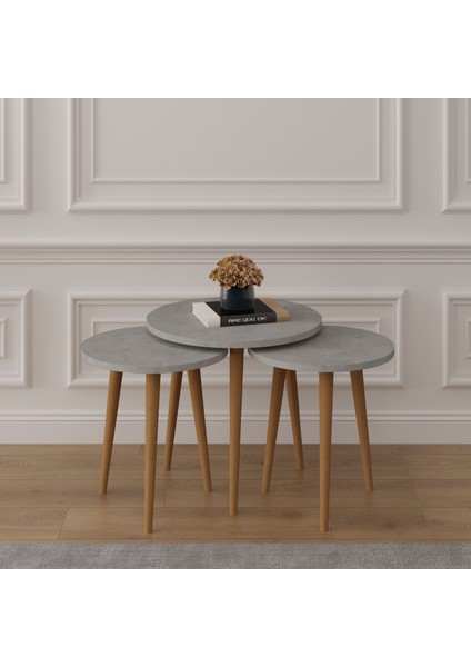 3’lü Yuvarlak Zigon Sehpa Ahşap Ayaklı