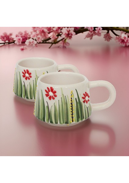 Ilbay Seramik 2 Li Klasik Kırmızı Papatya Kupa Bardak Mug Nescafe Fincanı