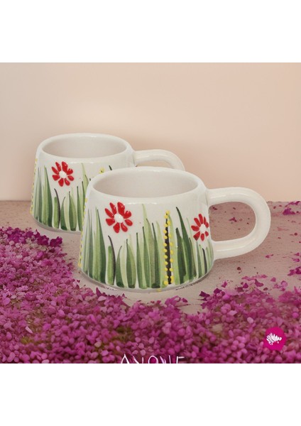 Ilbay Seramik 2 Li Klasik Kırmızı Papatya Kupa Bardak Mug Nescafe Fincanı modelleri