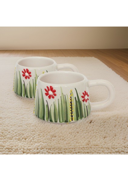 Ilbay Seramik 2 Li Klasik Kırmızı Papatya Kupa Bardak Mug Nescafe Fincanı indirimleri