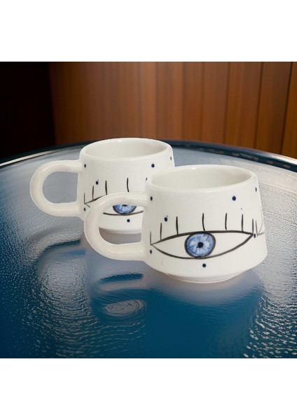 Ilbay Seramik 2 Li Klasik Mavi Göz Kupa Bardak Mug