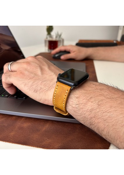 Apple Watch Uyumlu Deri Kordon Ultra Hardal Hakiki Deri Klasik saat kordonu modelleri