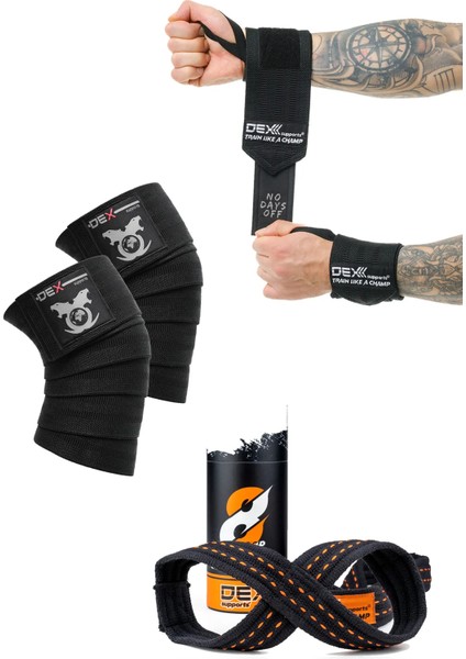 Fitness Bilekliği Wrist Wraps+Knee Wraps Sporcu Dizliği+Ağırlık Kaldırma Kayışı 8 Loop 3'lü Paket