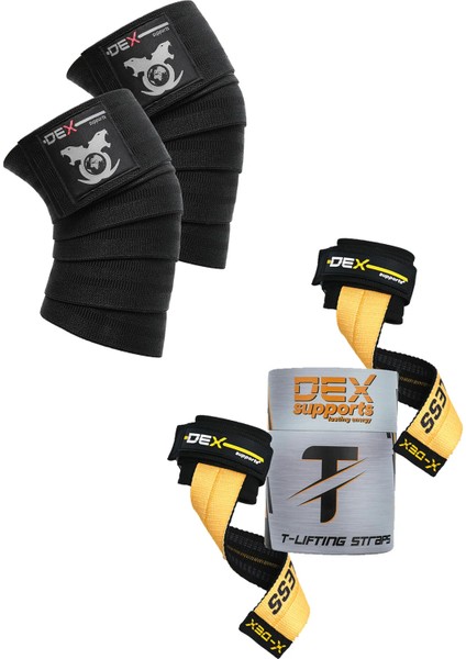 Ağırlık Kaldırma Kayışı T-Grips Lifting Straps+Sporcu Dizliği Knee Wraps Diz Bandajı 2'li Paket
