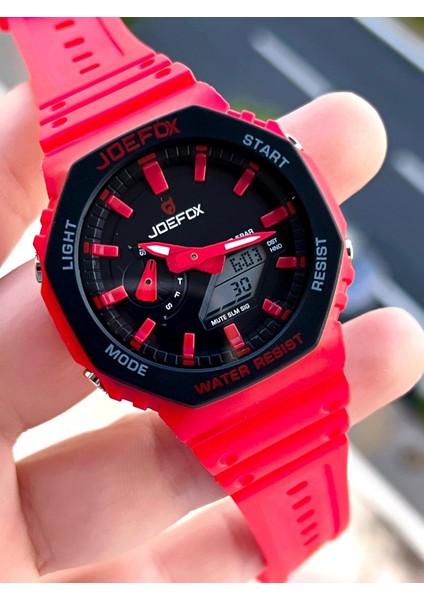 Joefox G-Shock Kasa Kırmızı Dijital/analog 5ATM Suya Dayanıklı 2 Yıl Garantili Spor Kol Saati J-GS24