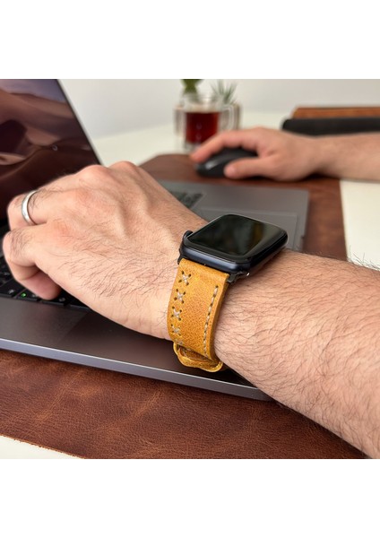 Apple Watch Uyumlu Deri Kordon Ultra Hardal Hakiki Deri saat kordonu modelleri
