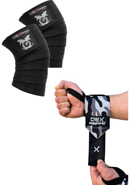 Fitness Sporcu Bilekliği Dark Kamuflaj Wrist Wraps+Sporcu Dizliği Knee Wraps Diz Bandajı 2'li Paket