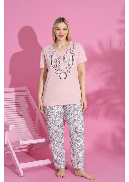 Farya Home X-Dreamy Büyük Beden Pamuklu Desenli Kısa Kollu Pijama Takımı