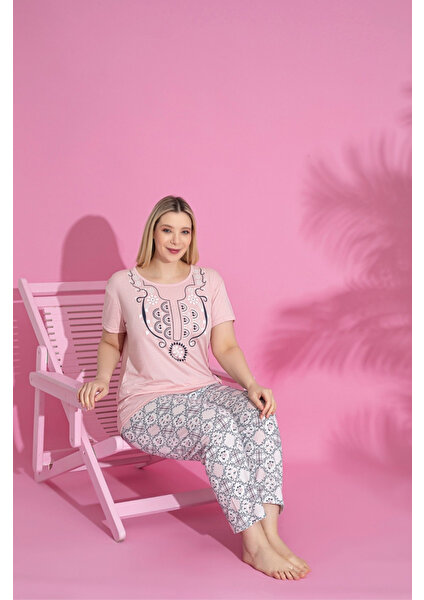 Farya Home X-Dreamy Büyük Beden Pamuklu Desenli Kısa Kollu Pijama Takımı