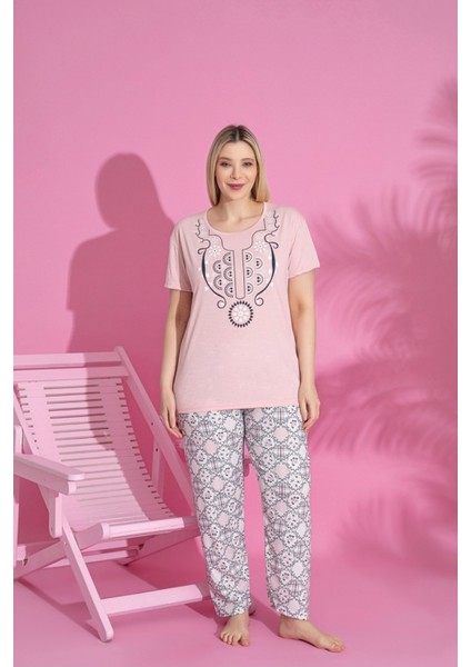 Farya Home X-Dreamy Büyük Beden Pamuklu Desenli Kısa Kollu Pijama Takımı