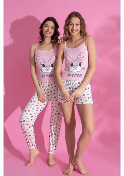 Dreamy 3 Parça Desenli Ip Askılı Şortlu Pantolonlu Viskon Pijama Takımı