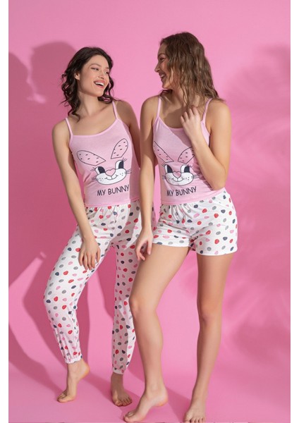 Dreamy 3 Parça Desenli Ip Askılı Şortlu Pantolonlu Viskon Pijama Takımı