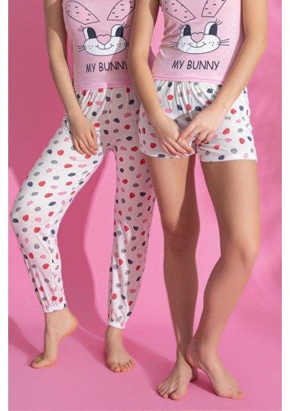 Dreamy 3 Parça Desenli Ip Askılı Şortlu Pantolonlu Viskon Pijama Takımı