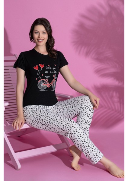 Dreamy Pamuklu Kalp Desenli Kısa Kollu Kadın Pijama Takımı