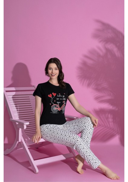 Dreamy Pamuklu Kalp Desenli Kısa Kollu Kadın Pijama Takımı modelleri