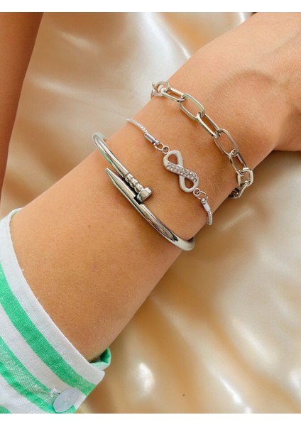 Gümüş Kaplama 3 Lü Kombin Bileklik Seti Gümüş Renk Kadın Zincir Bilezik Künye Asansör Pandora
