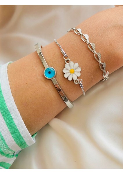 Gümüş Kaplama 3 Lü Kombin Bileklik Seti Gümüş Renk Kadın Zincir Bilezik Künye Asansör Pandora