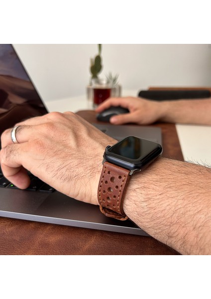 Apple Watch Uyumlu Deri Kordon Ultra Kahve Hakiki Deri saat kordonu delikli modelleri