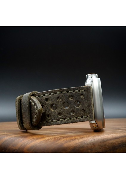 Apple Watch Uyumlu Deri Kordon Ultra Haki Deri saat kordonu delikli
