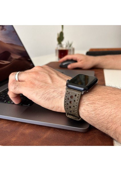 Apple Watch Uyumlu Deri Kordon Ultra Haki Deri saat kordonu delikli modelleri