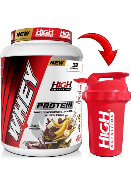 Whey Protein 960 gr Çikolata Muz Aromalı Protein Tozu 24 Gram Protein 32 Servis Shaker Hediye