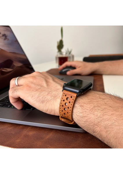 Apple Watch Uyumlu Deri Kordon Ultra Camel Hakiki Deri saat kordonu delikli modelleri