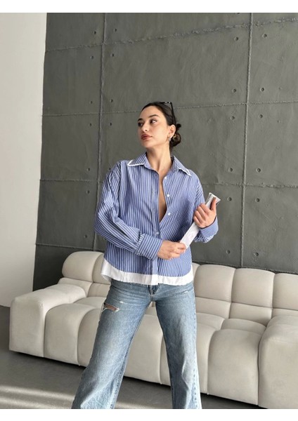 Tek Cepli Kontrast Çizgili Poplin Kadın Mavi Gömlek fiyatları