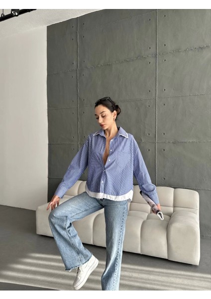 Tek Cepli Kontrast Çizgili Poplin Kadın Mavi Gömlek modelleri