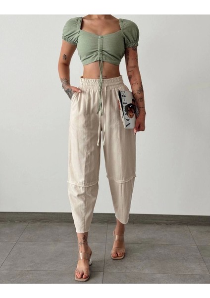 Gabardin Beli Lastikli Bağcıklı Şalvar Pantolon