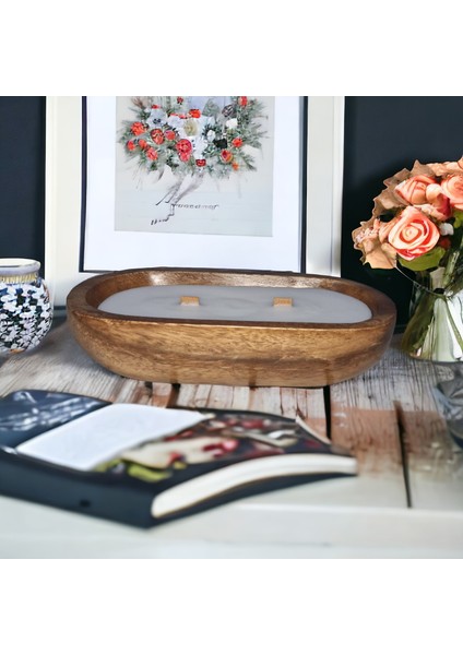 Ahşap Mumlukta Lavanta Kokulu Soya Mum (23 Cm)