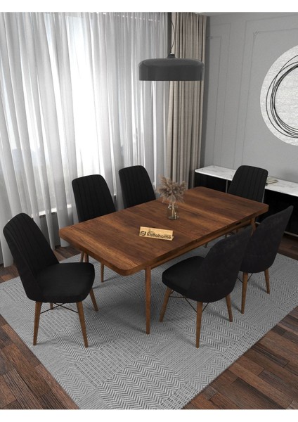Riff Barok 80X130 Açılır Mutfak Masası Yemek Masası Masa Sandalye Takımı 6 Siyah Sandalye