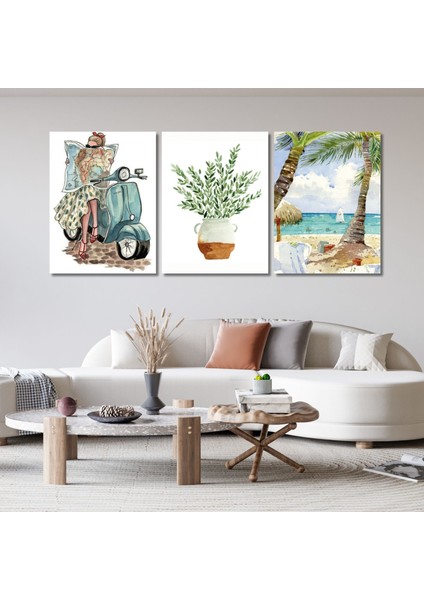 3'lü Kanvas Duvar Tablosu Boho Kadın ve Palmiye Deniz Manzara