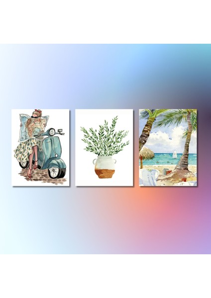 3'lü Kanvas Duvar Tablosu Boho Kadın ve Palmiye Deniz Manzara indirimleri