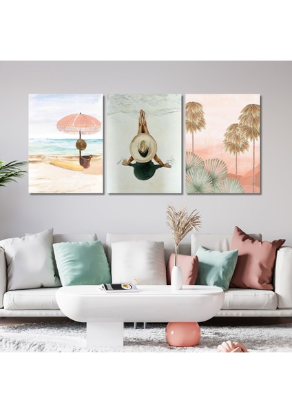 3'lü Kanvas Duvar Tablosu Sahilde Boho Kadın Illüstrasyonu